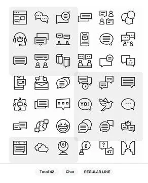 Chat Digital Vector Pack containing 42 Detail Enhanced Regular Line 256x256.. Stock Illustration