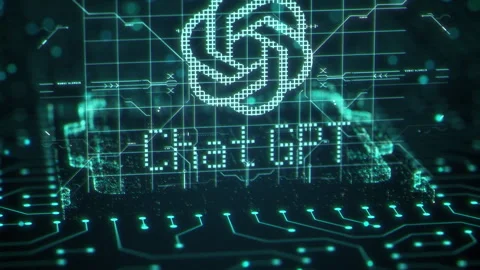 Chat GPT conversation method. Artificial intelligence chatbot logo on circuit Stock Footage 252834671