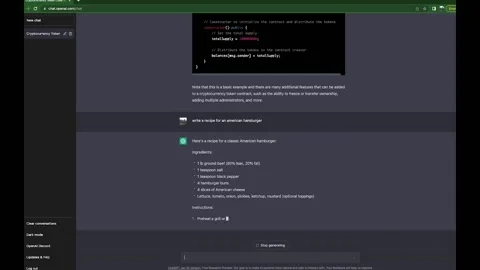 Chat GPT Open AI displays code and receipt for american hamburger Stock Footage 232566351