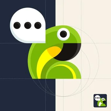 Chat icon vector geometric parrot with talk bubble. Full color illustration f イラスト素材