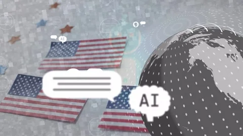 Chat icons emerging from US flags starting globe rotating and showing dots, Stock Footage 335282178