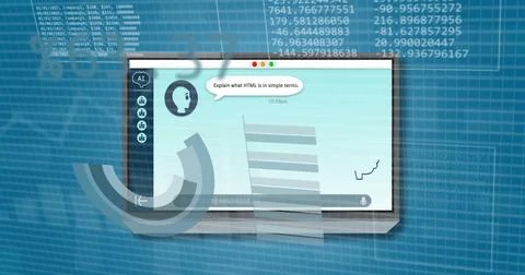 Chat interface with Explain what HTML is in simple terms text over data Stock Illustration