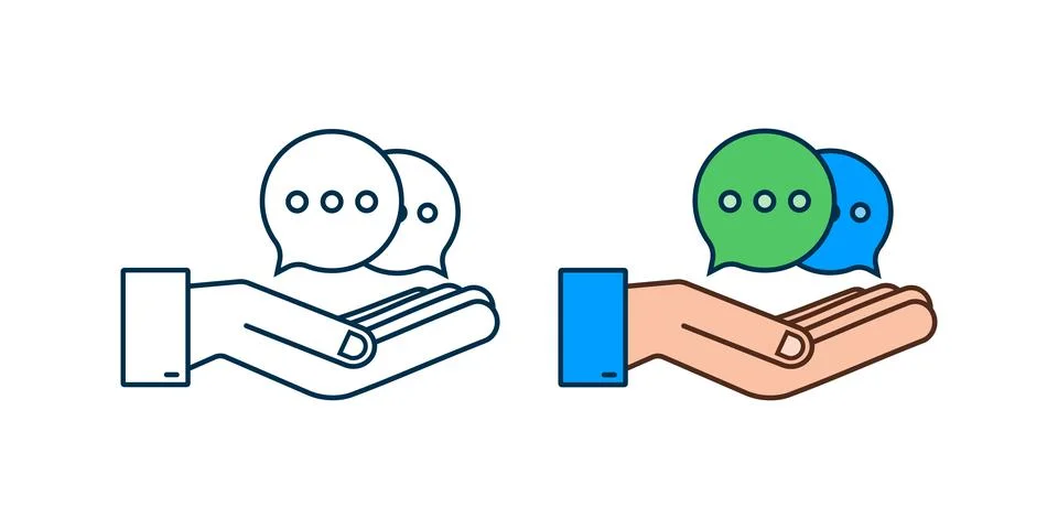Chat Message Bubbles icon hanging over hands on white background. Vector stock 스톡 일러스트