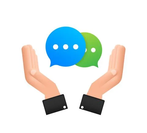 Chat Message Bubbles icon hanging over hands on white background. Vector stock Stock Illustration