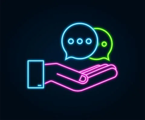 Chat Message Bubbles neon icon hanging over hands on white background. Vector 스톡 일러스트