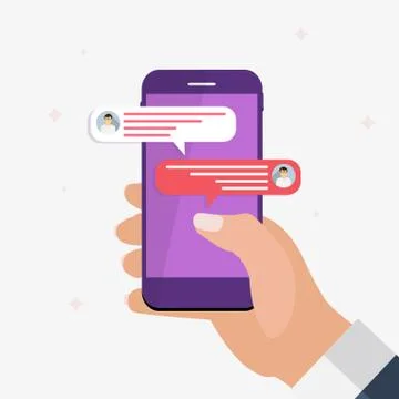 Chat message bubbles on smartphone screen, social networ concept. Vector illu Stock Illustration
