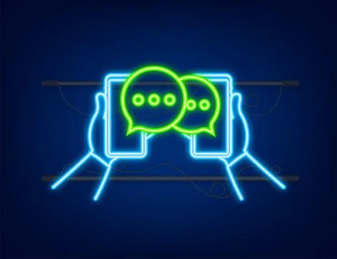 Chat Message Bubbles on smartphone screen. Neon icon. Social network. Messaging 스톡 일러스트
