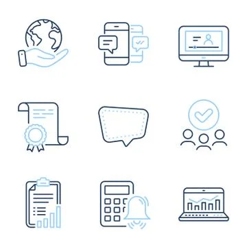 Chat message, Checklist and Calculator alarm icons set. Web analytics Stockillustratie