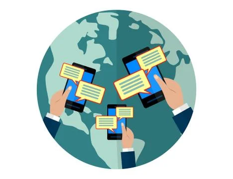 Chat message notifications concept. Hands holding with text bubbles. Stock Illustration