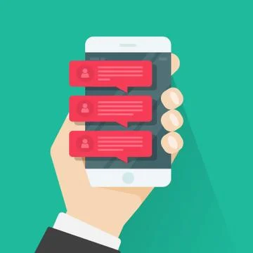 Chat message notifications mobile phone, smartphone red chatting bubble speeches Stock Illustration
