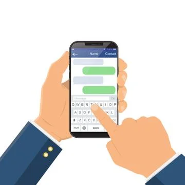 Chat message on the smartphone screen. Hand holds the smartphone, finger touc Stock Illustration