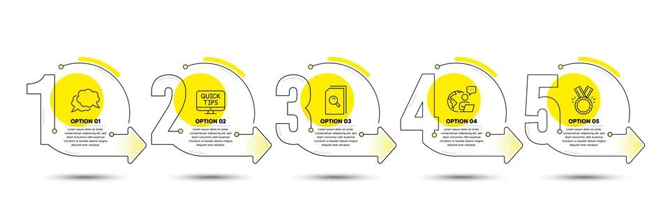Chat message, Web tutorials and Honor icons set. Search files sign. Speech Ilustración de archivo