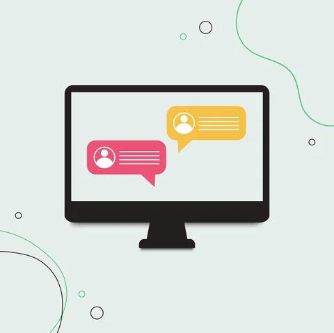 Chat messages on computer online vector illustration, flat cartoon workspace or Stock Illustration