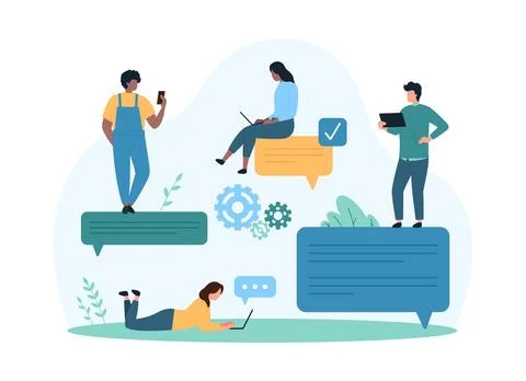 Chat messages of conversation in mobile app, tiny people and speech bubbles of Stock Illustration