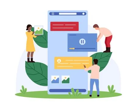 Chat messenger mobile app design development, tiny people develop user interface Stock Illustration