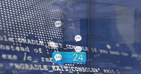Chat notification bubble floating over city skyline showing number 24, with 스톡 사진
