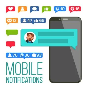 Chat Notification Vector. Mobile Phone. Messages, Likes, E-mail Bubbles. Web Stock Illustration