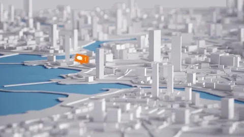 Chat Orange Icon on Aerial View of City Buildings 3D Rendering Animation 4K Stock Footage 70927099