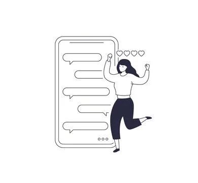 Chat in a phone, messaging using chat app, vector design with a happy girl Stock Illustration