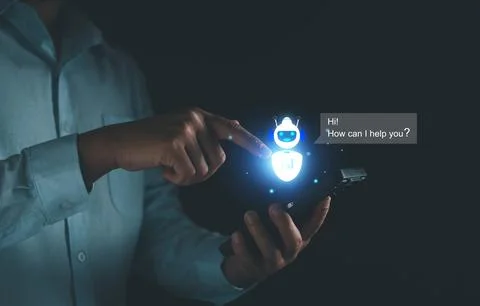 Chat robot ai assistant concept. Man command prompt to smart ai chatbot on vi Stock Photos