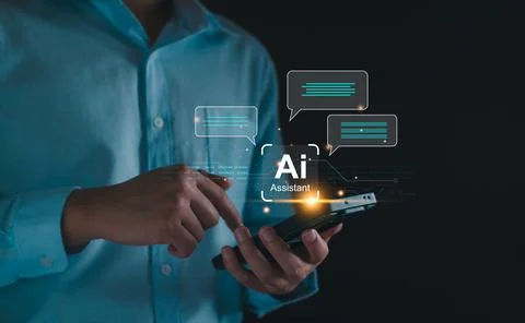 Chat robot ai assistant concept. Man command prompt to smart ai chatbot on vi Stock Photos