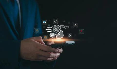 Chat robot ai assistant concept. Businessman show command prompt to smart ai  Stock Photos
