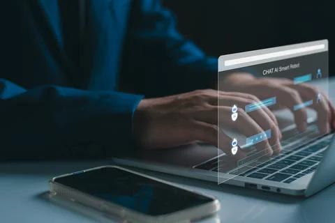 Chat robot ai assistant concept. Man command prompt to smart ai chatbot on vi Stock Photos