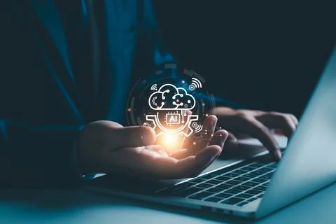 Chat robot ai assistant concept. Businessman show command prompt to smart ai  Stock Photos