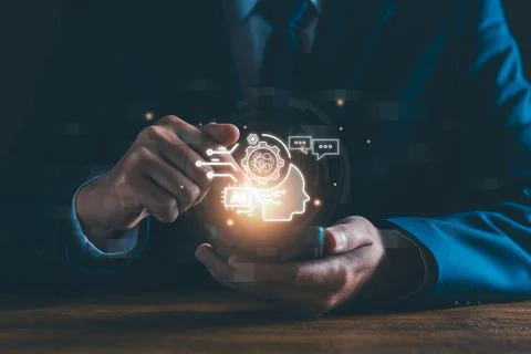 Chat robot ai assistant concept. Businessman show command prompt to smart ai  Stock Photos