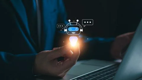Chat robot ai assistant concept. Businessman show command prompt to smart ai  Stock Photos