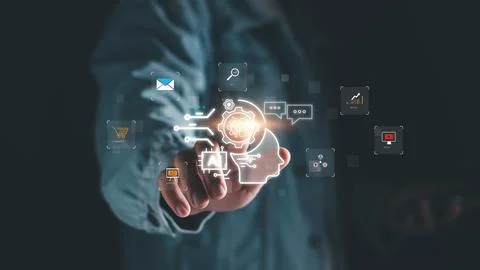 Chat robot ai assistant concept. Businessman show command prompt to smart ai  Stock Photos