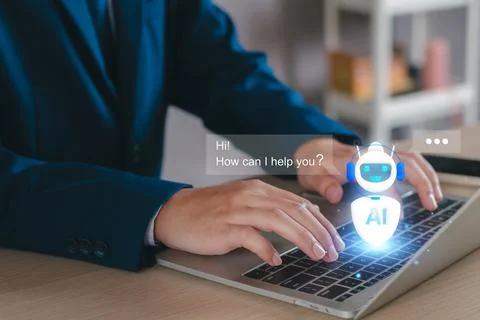 Chat robot ai assistant concept. Businessman show command prompt to smart ai  Stock Photos