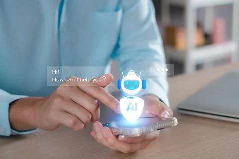 Chat robot ai assistant concept. Businessman show command prompt to smart ai  Stock Photos