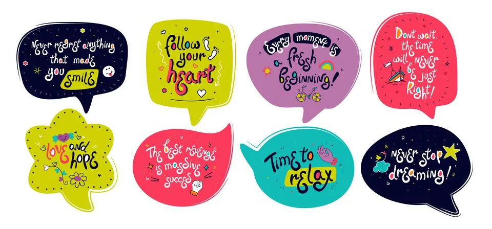 Chat shape labels. Speak designs. Bright sticker frames set. Talk banner. Suc Stock Illustration