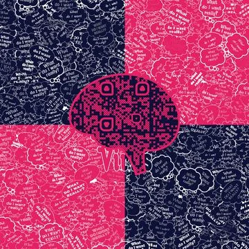 Chat shaped QR code in geometric shapes in hues of pink and blue Stock Illustration