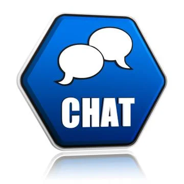 Chat with speech bubbles sign in blue hexagon button Stock Illustration