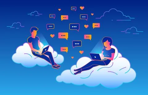 Chat talk concept design of young people using laptops for sending messages and Stock Illustration
