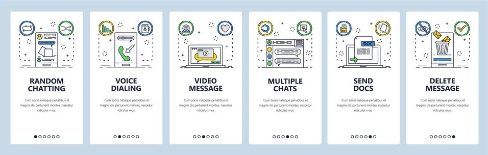 Chat website and mobile app onboarding screens vector template Stock Illustration