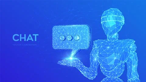Chatbot. Abstract 3d low polygonal robot holding Chat icon. Speech bubble mes Stock Illustration
