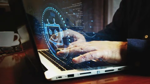 Chatbot ai online assistant support symbol and man typing keyboard Vidéo 260891303