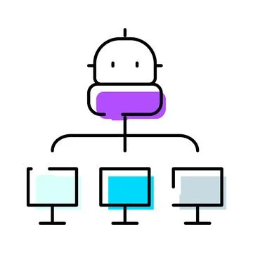 Chatbot artificial intelligence system connecting multiple computers Illustrazione stock