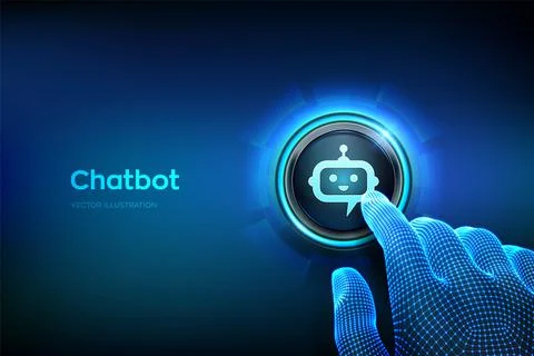 Chatbot assistant application. AI concept. Closeup finger about to press a bu Stock Illustration