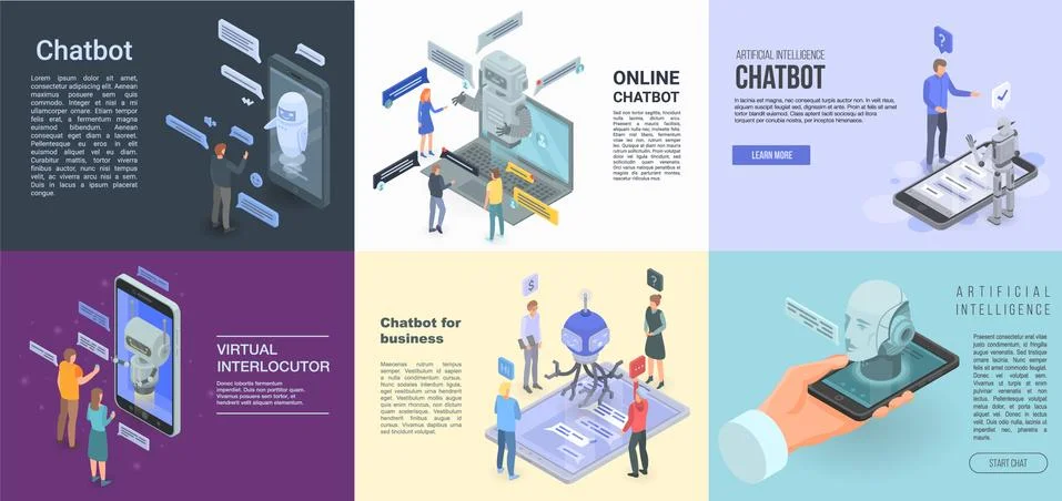 Chatbot banner set, isometric style Stock Illustration