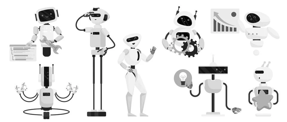 Chatbot characters, different AI assistant set, cute futuristic monochrome Stock Illustration