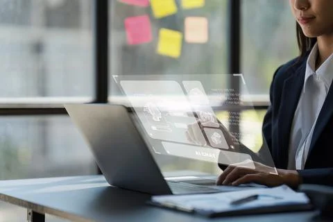 Chatbot Chat with AI, Artificial Intelligence. Business woman using technology 스톡 사진