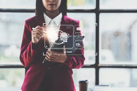 Chatbot Chat with AI, Artificial Intelligence. Business woman using technology Stock Photos