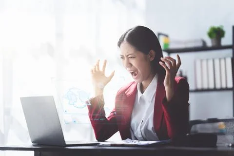 Chatbot Chat with AI, Artificial Intelligence. Business woman worry about 写真素材