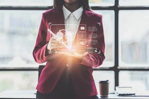 Chatbot Chat with AI, Artificial Intelligence. Business woman using technology Stock Photos