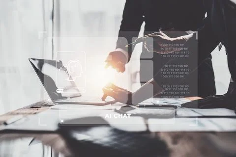 Chatbot Chat with AI, Artificial Intelligence. Business woman using technology Stock Photos