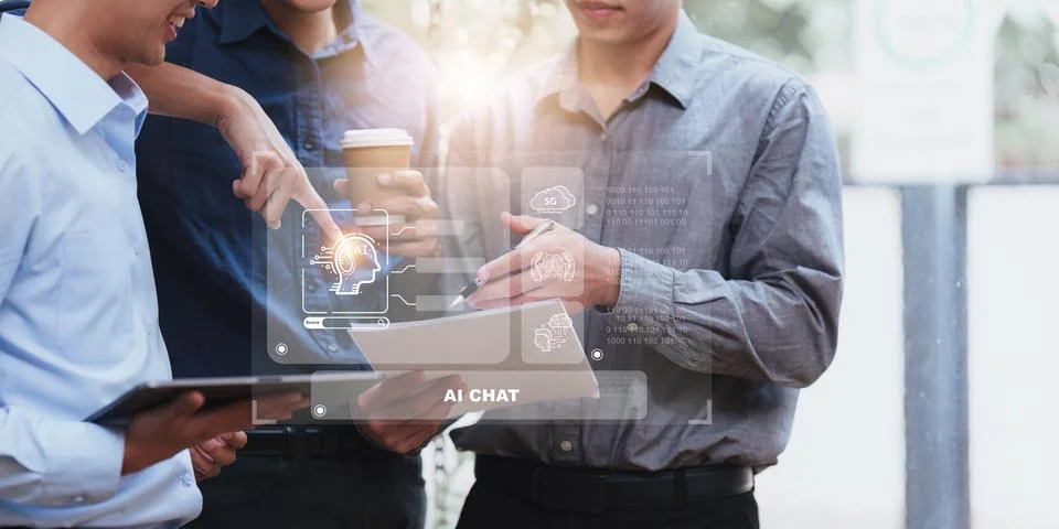 Chatbot Chat with AI, Artificial Intelligence. Business woman using technology 스톡 사진